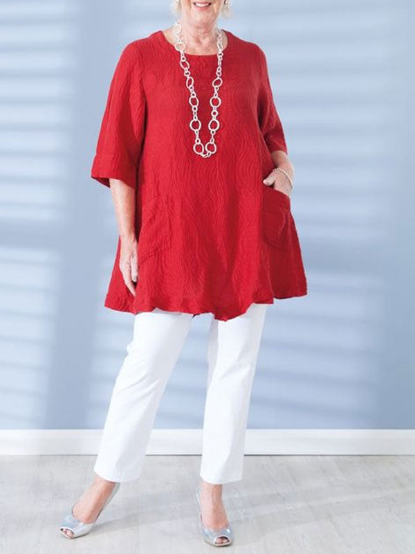 Women's Loose Blouse With Round Neck And Middle Sleeves