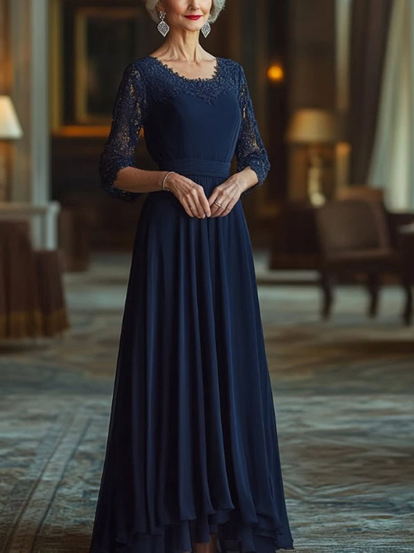 Dark Blue Round Neck Lace Chiffon Maxi Dress