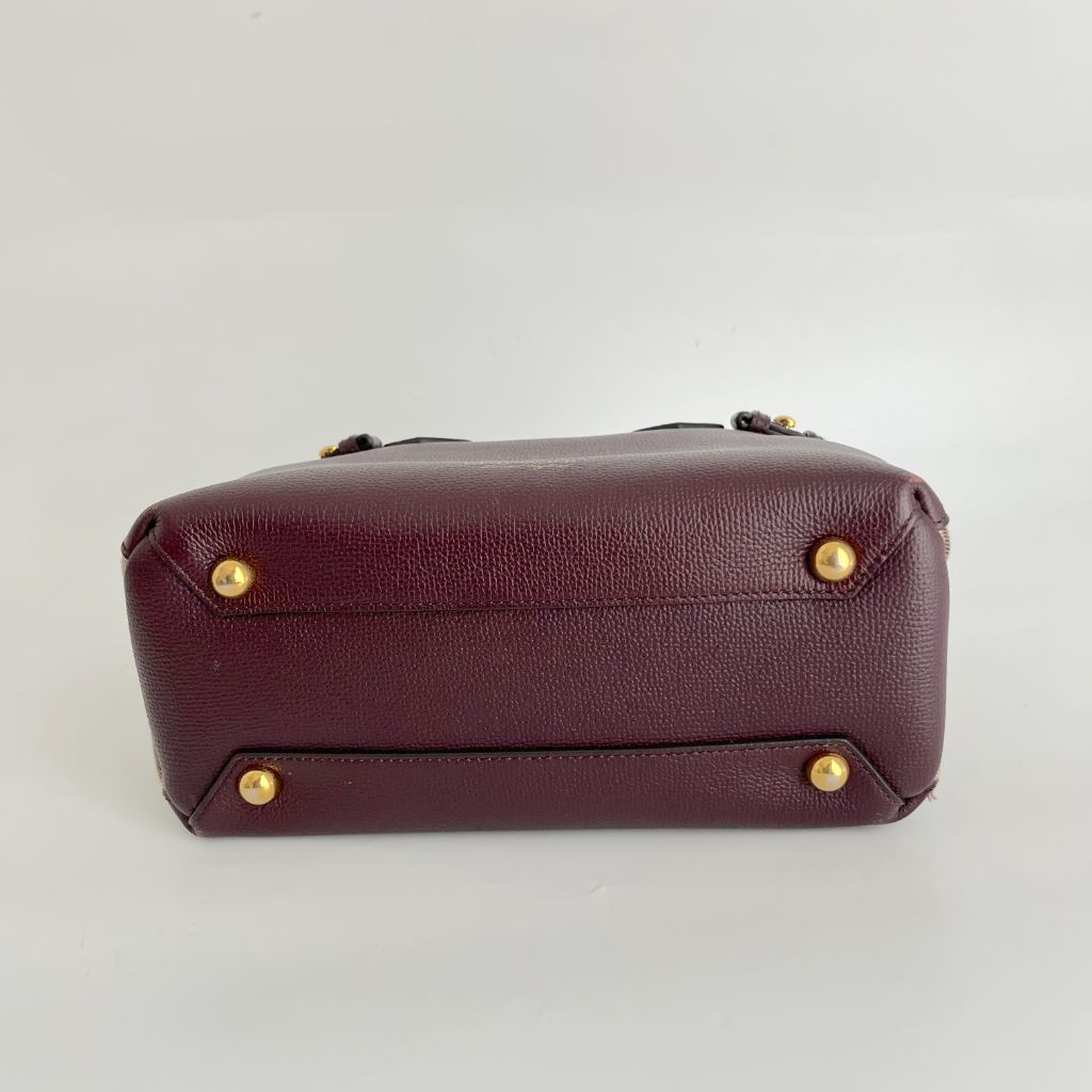 Burberry Burgundy/Beige Leather and House Check Fabric small banner tote