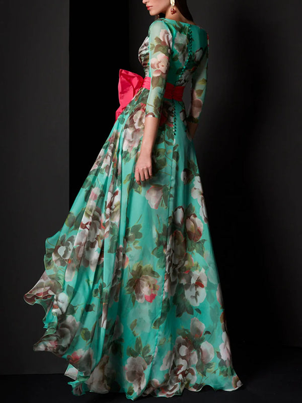 Three-quarter Sleeve Printed Chiffon Dress