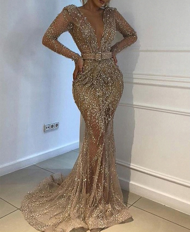 loveedsTM- Sexy Deep V Long Sleeve Fishtail Evening Dress