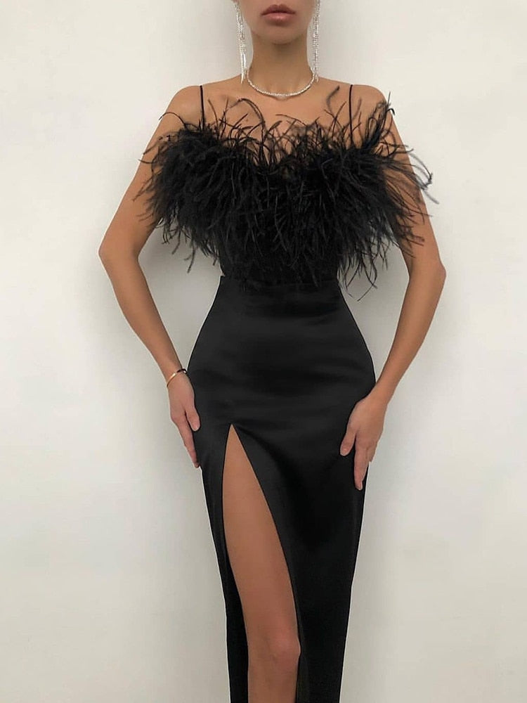 loveedsTM- Luxury Feathers Dress Women Sleeveless Spaghetti Strap High Waist Bodycon Slit Mid-calf Wedding Birthday Party Evening Dresses