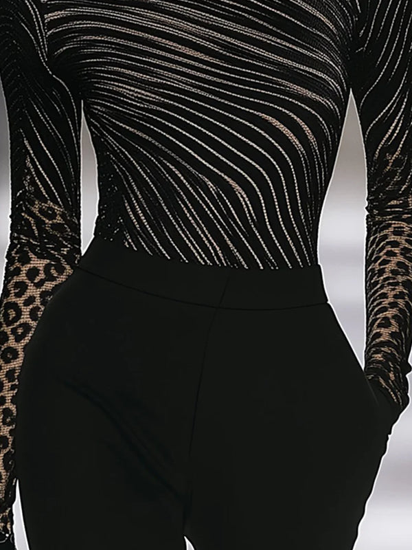 Black Stretch-fit T-shirt With Abstract Lines And Leopard Print