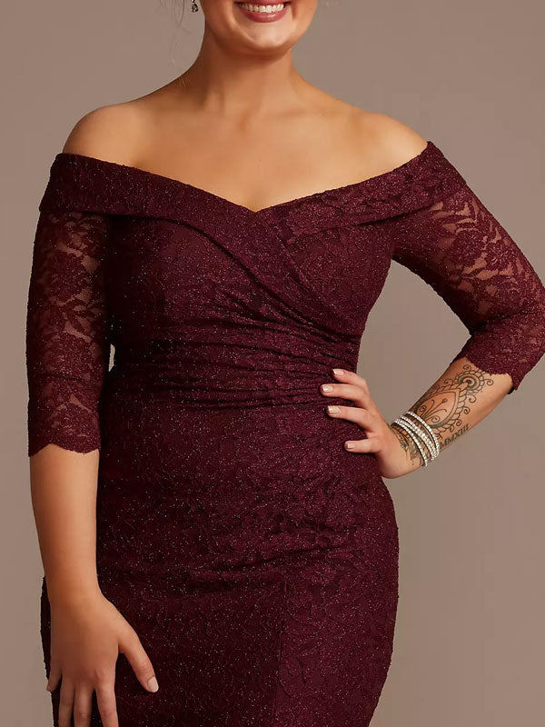 Off-the-Shoulder V-Neck Ruched Lace Gown