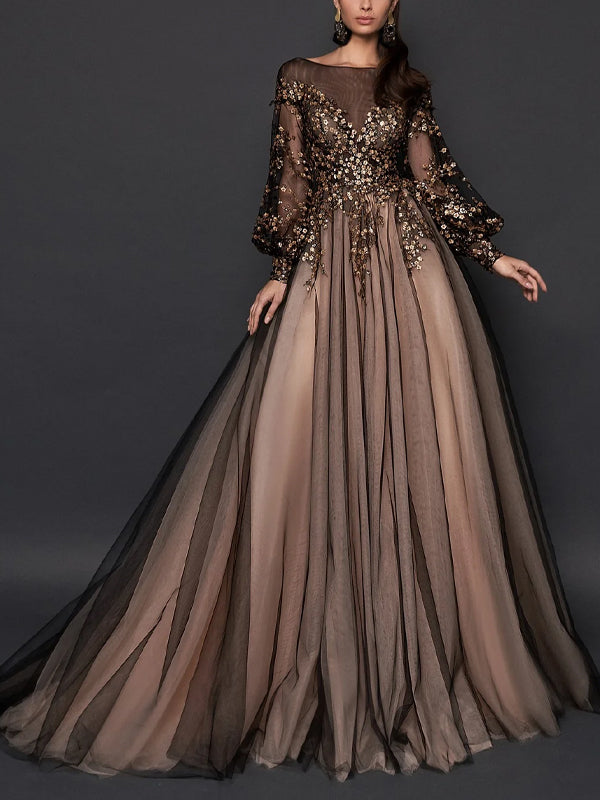 Round Neck Mesh Print Maxi Dress