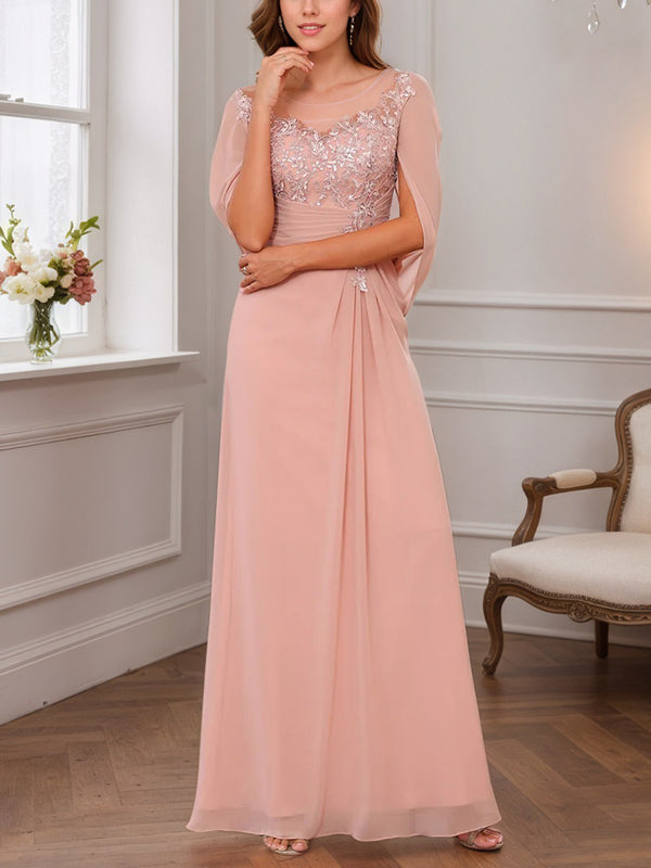 A-Line/Princess Illusion Scoop Appliques Ruched Mother of the Bride Dresses with Cape