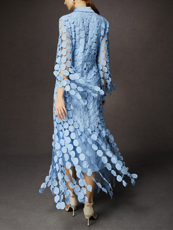 Elegant Shirt Collar Three Quarter Sleeve Lace Maxi Dress