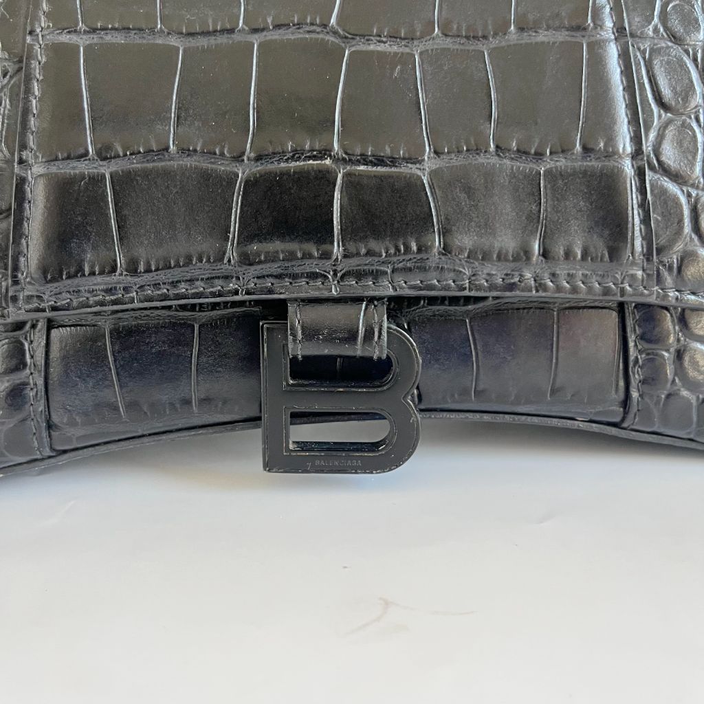 Balenciaga black croc embossed small hourglass bag