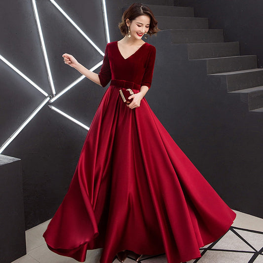 loveedsTM-V-neck Bow Waist A-line Satin Evening Dresses Short-Sleeve Velour Formal Women Prom Dresses Elegant Graduation Party Gowns