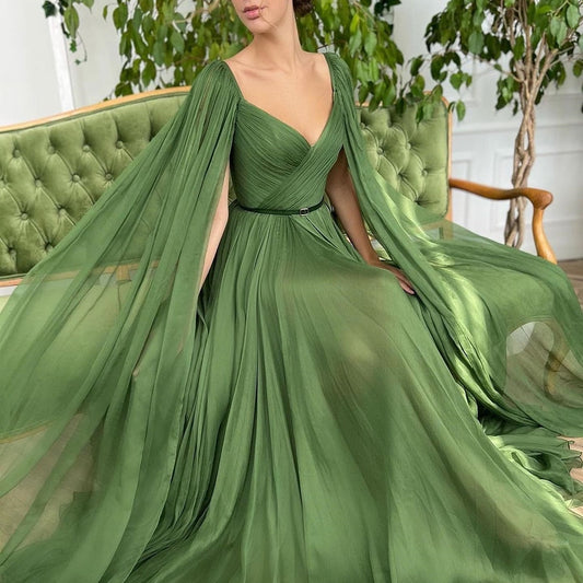loveedsTM- Elegant Chiffon Evening Dresses V-Neck Sleeveless Side High Split Long Party Dress Simple Pleat Sweep Train Prom Gown Vestidos