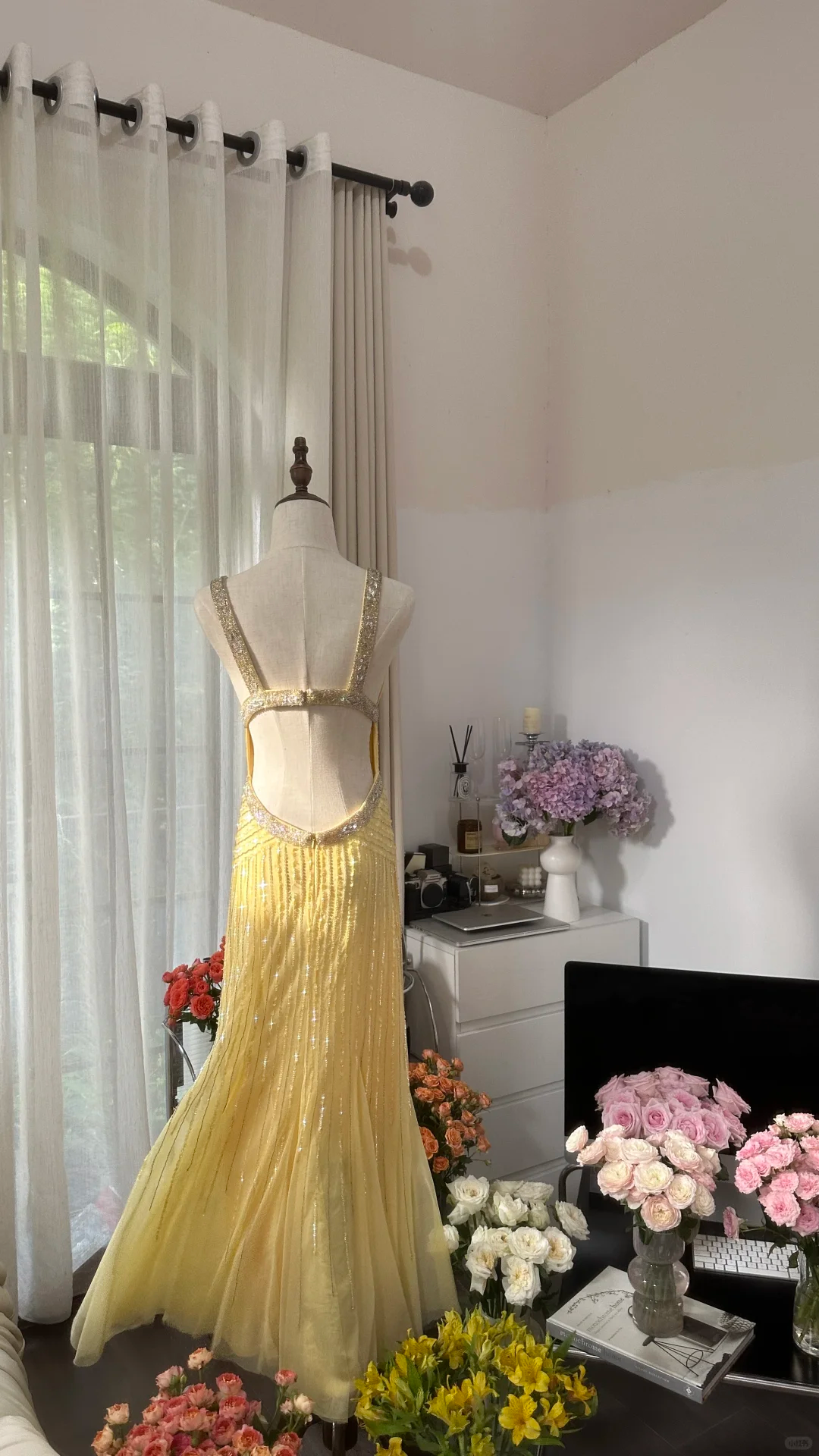 Light Yellow Gorgeous Shiny Fashion Elegant Exquisite Beaded Long Tulle Backless Fairy Ball Gown Evening Dress Birthday/Wedding Guest/Holiday Party Dress Prom Dress Valentine's Day Date Dress gh4034