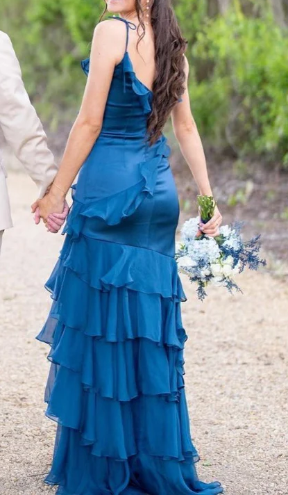 Green V-Neck Satin Chiffon Ruffle Long Prom Dress Mermaid Slit Evening Dress SH1530