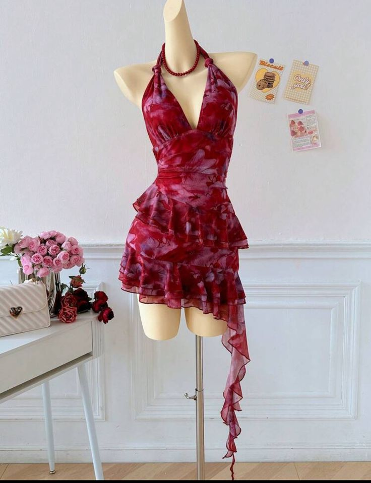 Sexy Halter Burgundy Chiffon Print Floral Cocktail Dress Short Homecoming Dress S778