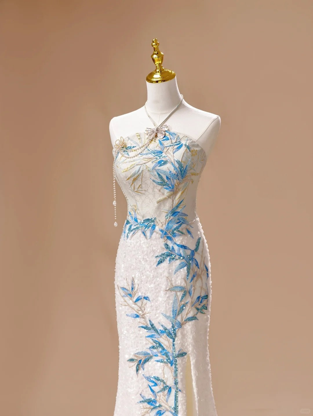 White Luxury Gorgeous Shiny Unique Fashion Elegant Exquisite Floral Bamboo Beads Sequins Suspender Long Ball Dress Evening Dress Bridal Wedding Reception Dress Prom Dress gh4026