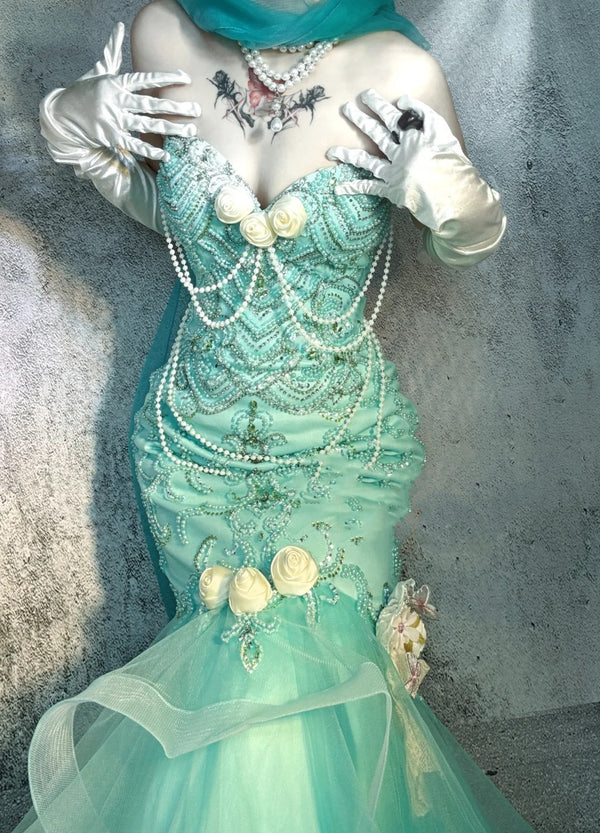 Blue gorgeous exquisite beaded long satin ball gown evening dress party dress gh4502