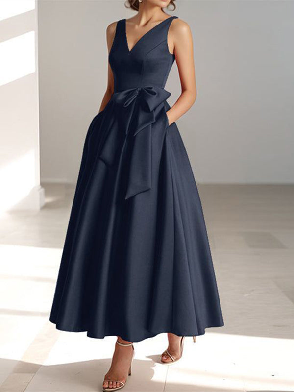Dark Blue V-neck Sleeveless Maxi Dress