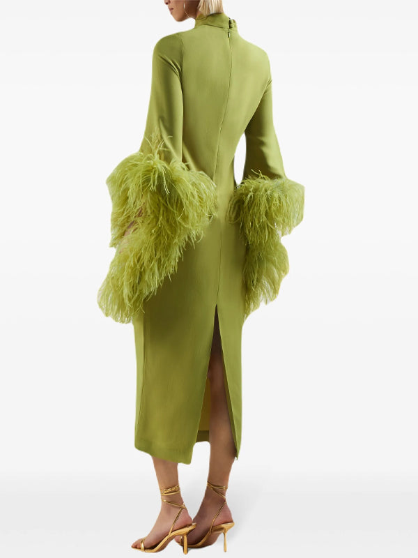 Solid Color Feathers Midi Dress