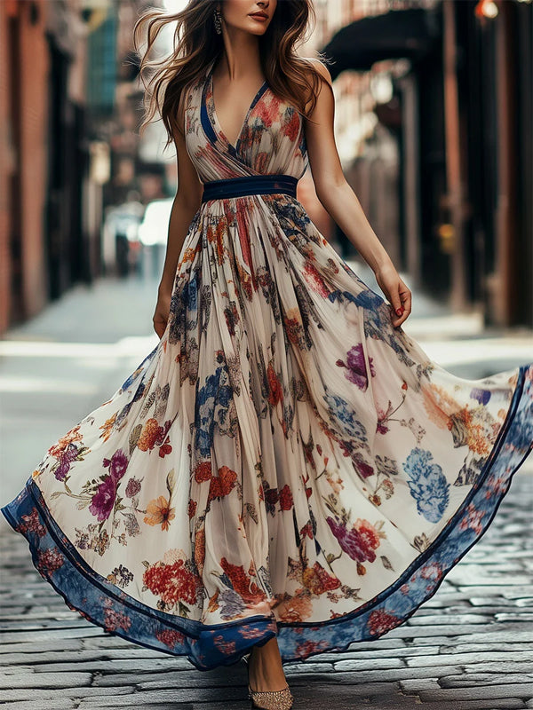 V-neck Chiffon Printed Sleeveless Maxi Dress