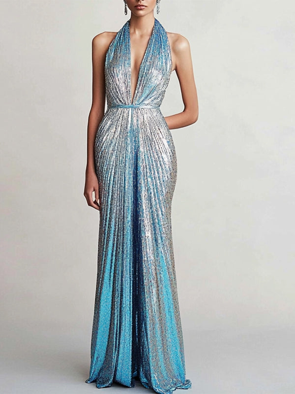 Light Blue Halter Neck Sequins Maxi Dress