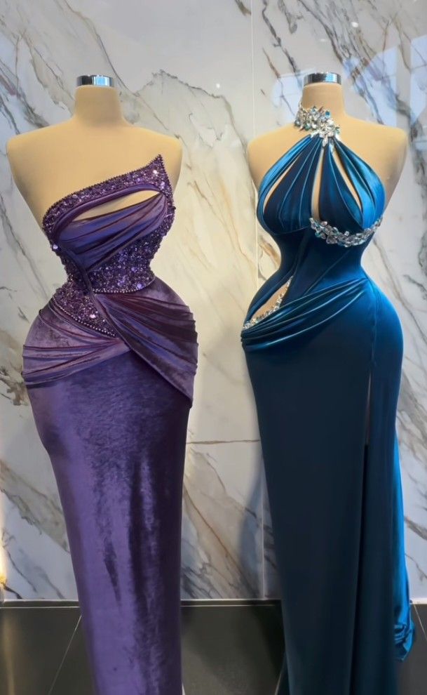 preppydressess-Blue beaded long satin mermaid fitted prom dress evening gown party dress gh4998