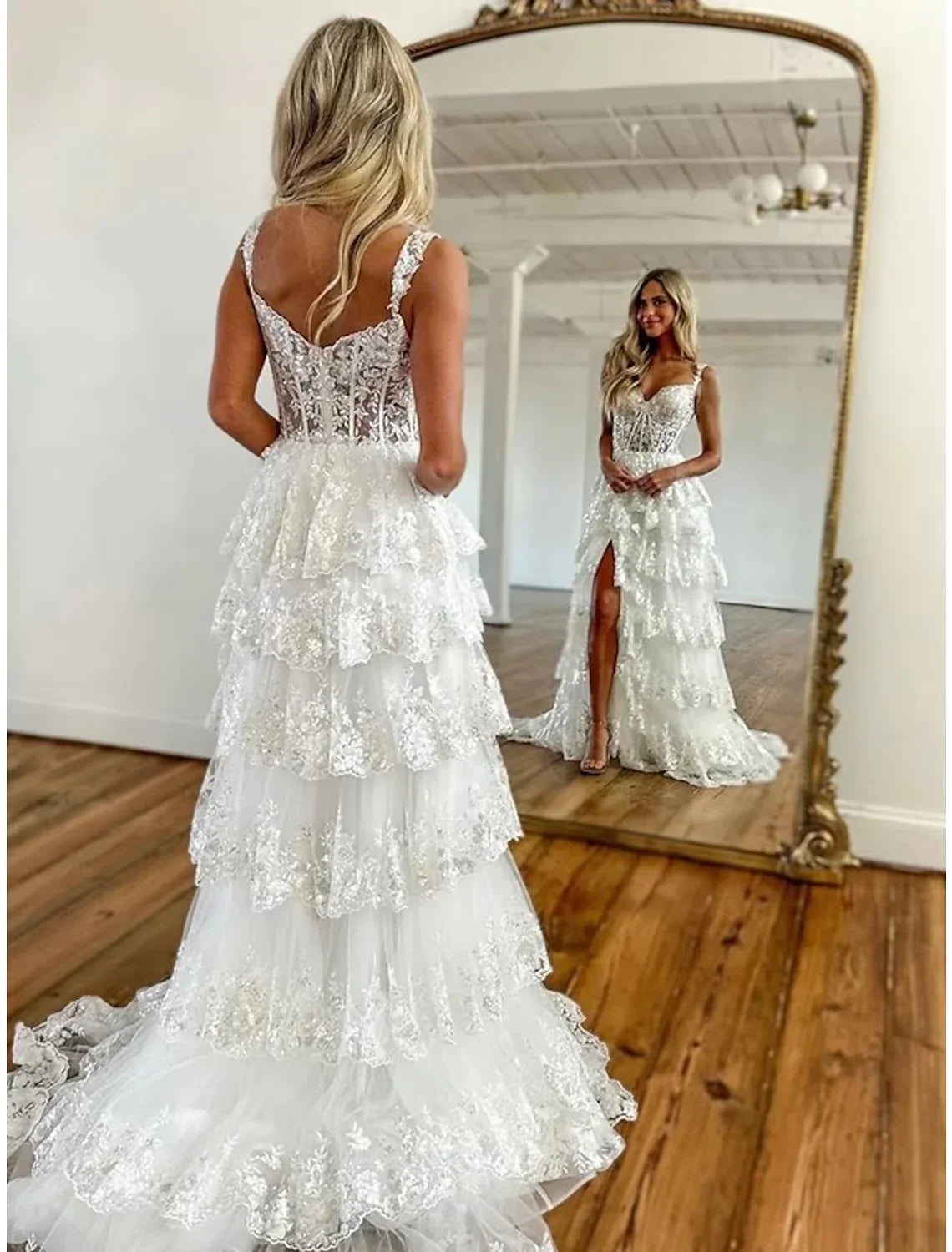 Pink Sequined Lace Layers Split Long Evening Prom Dress