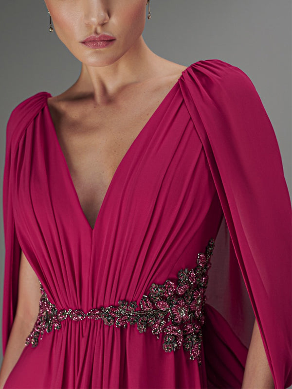 V-neck Chiffon Solid Color Maxi Dress