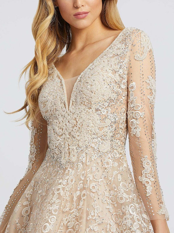 Beaded Embroidery Design Illusion Long Sleeve Women's Dress