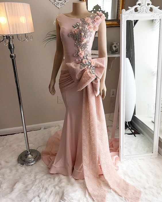 Pink prom dresses, lace prom dresses, arabic prom dresses, mermaid evening dresses fg1935