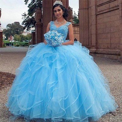 Gorgeous Blue V-neck Appliques Quinceanera Dresses | Layered Beadings Ball Gown fg2597