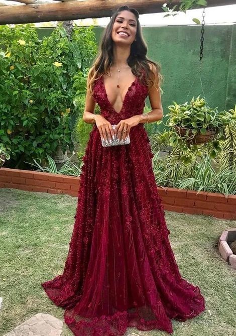 Luxurious A-Line V Neck Burgundy Lace Long Prom Evening Dresses fg2617