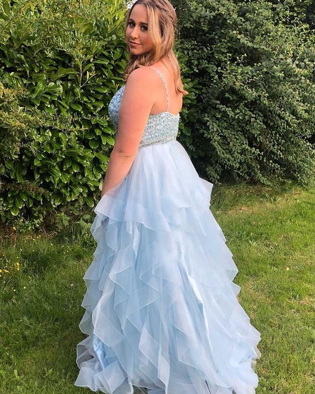 Stunning Ball Gown V Neck Blue Tulle Prom Dresses with Beading fg2365