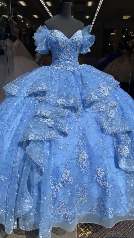 Off Shoulder Blue Quinceañera Dress Party Ball Gown fg2475