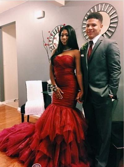 Charming Mermaid Burgundy Strapless African Organza Ruffles Long Prom Dresses fg2304