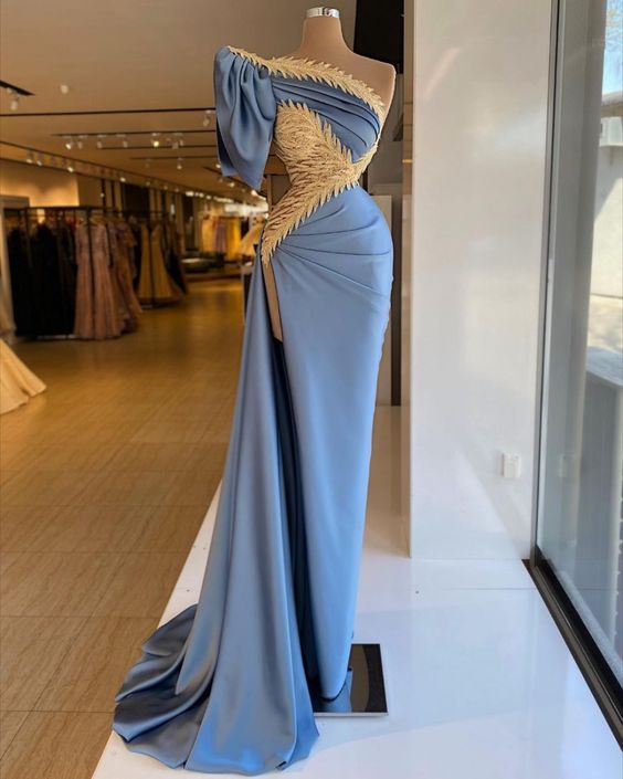 One shoulder evening dress, blue evening dresses, simple prom dress fg1166