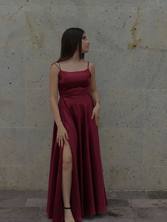 Burgundy Long Satin Prom Dresses fg1872
