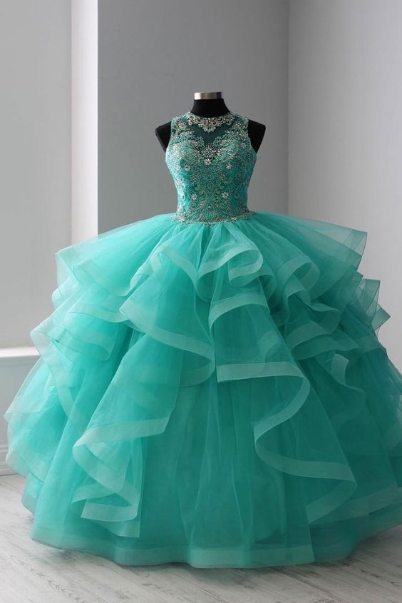Green round neck tulle beads long prom dress, sweet 16 dress Ball Gown Prom Dresses fg1417