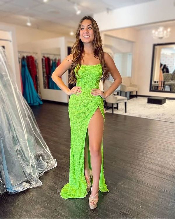 Sparkly Mermaid Scoop Neck Neon Green Prom Dress fg1262