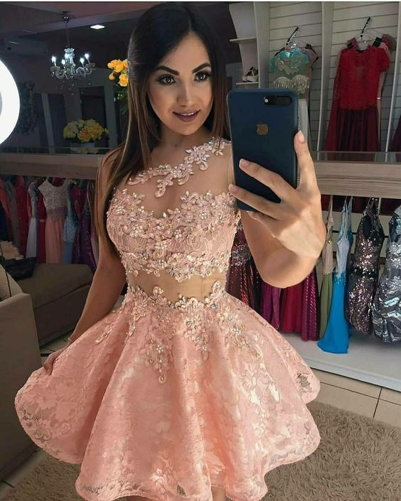 Pink lace short homecoming dress fg1075