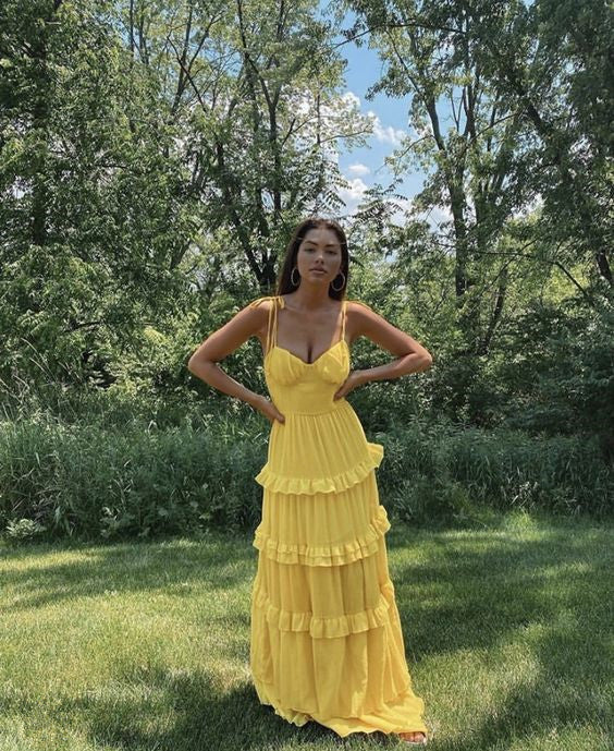 Yellow fashion elegant simple spaghetti strap long chiffon tiered ball gown evening dress party dress gh2788