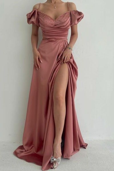 Elegant Dusty Rose Off-the-shoulder A-line Prom Dress With Slit fg1928