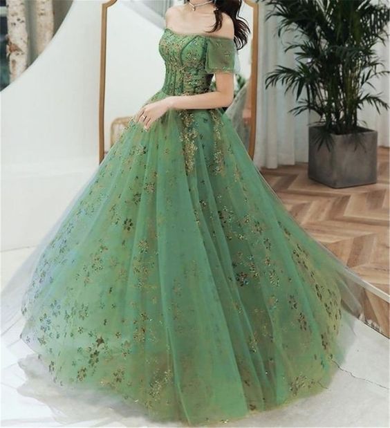 Green Off the Shoulder Long Prom Dress fg1864