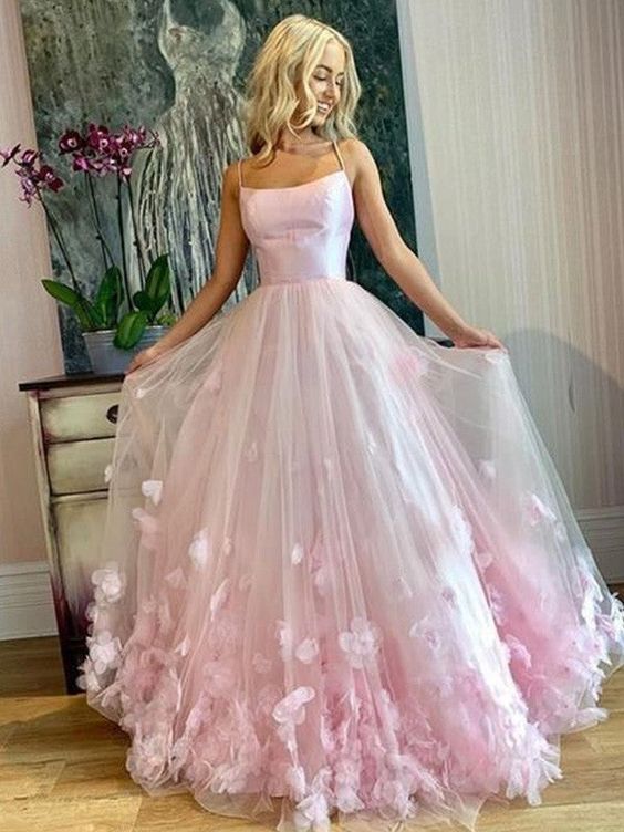 a-line/princess bateau tulle applique floor-length sleeveless pink prom dresses fg1504