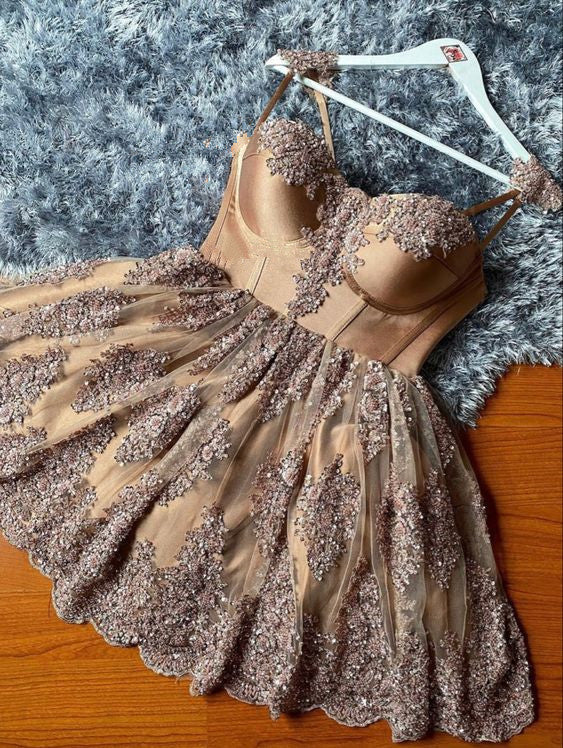 Champagne Lace Short Party Dress Homecoming Dress fg2386