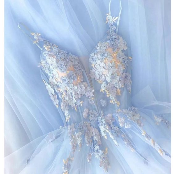 Blue prom dresses, hand made flowers prom dresses, light sky blue evening dresses fg1537