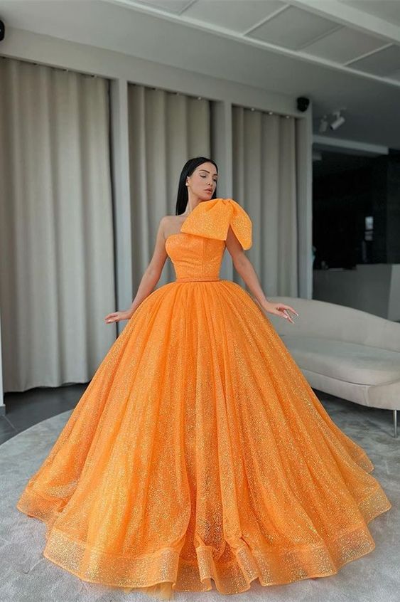classy one shoulder ball gown orange prom dress sequins with bowknot fg1441