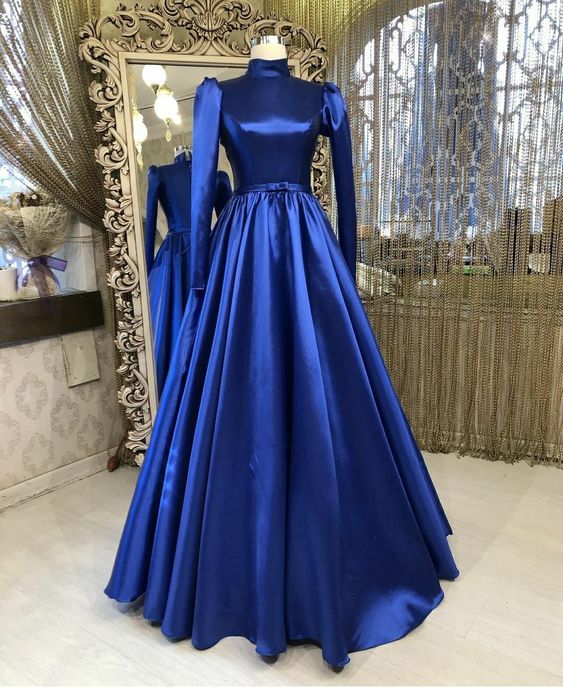 High Neck Prom Dress, Royal Blue Prom Dresses, Satin Prom Dresses fg1458