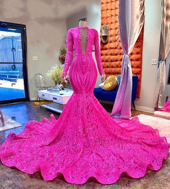 Pink Lace Sexy Fitted Mermaid Style Long Sleeve High Neck African Black Girls Long Prom Dresses fg1611