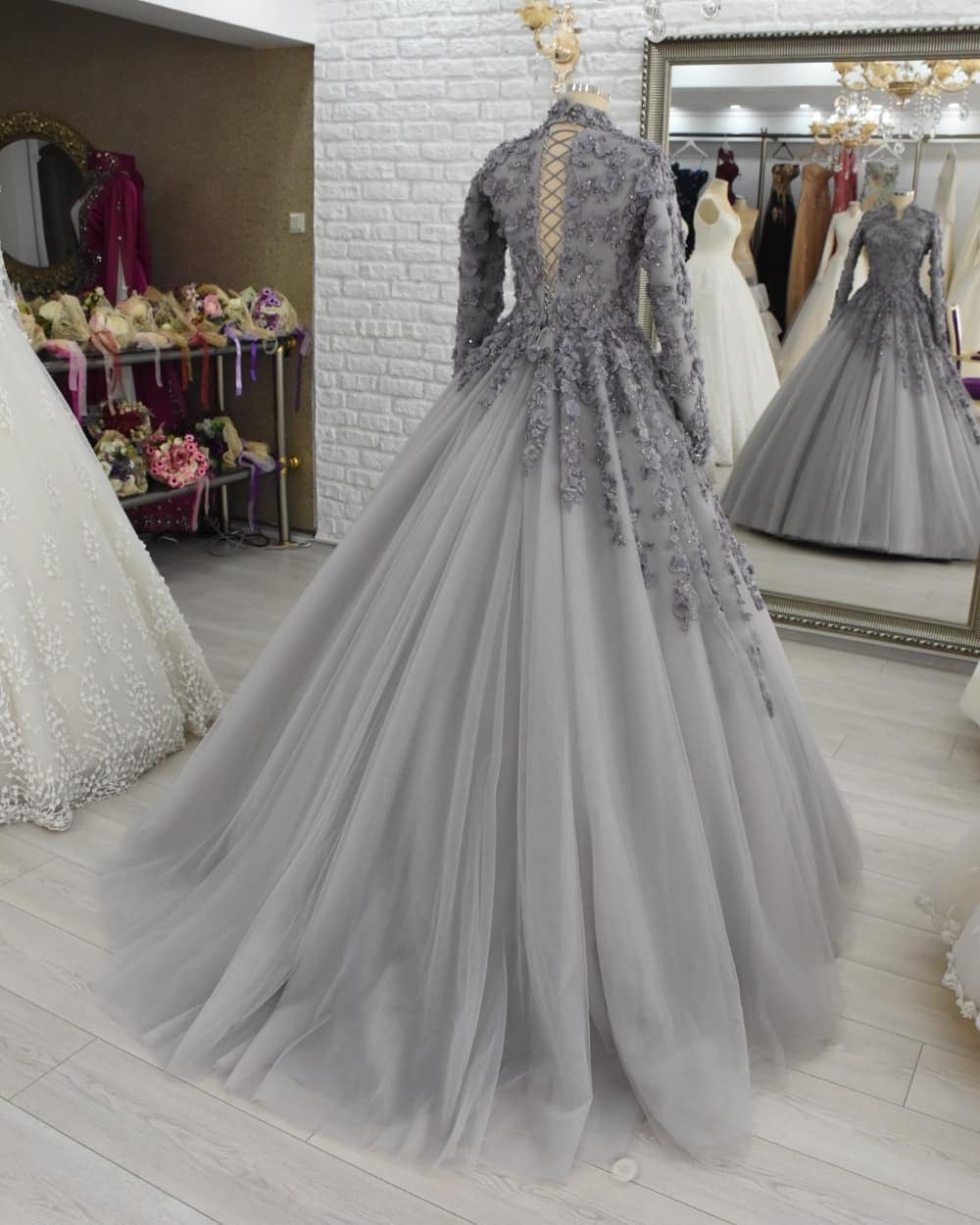 Long Sleeves Grey Formal Occasion Dresses Evening Gowns fg2649