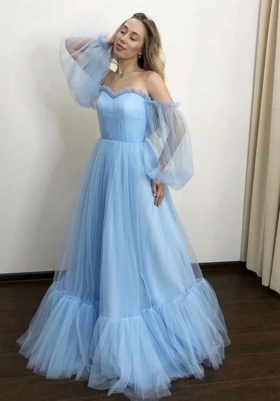 Blue tulle long prom dress A line evening dress fg1581