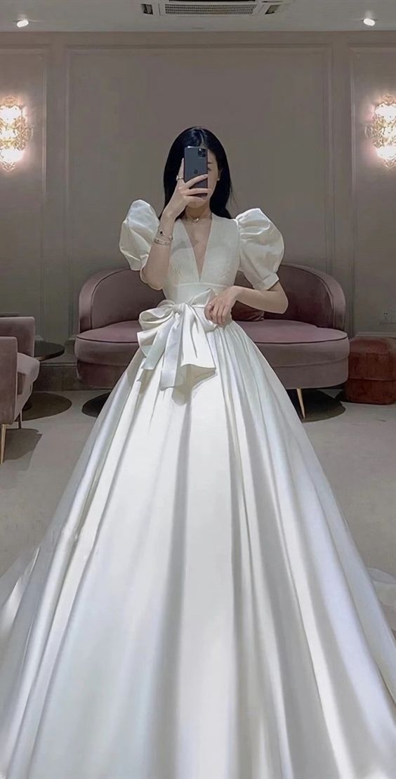 V Neck Puff Sleeves Newest Wedding Dresses, Luxury A Line Bridal Gowns Prom Dress fg2573